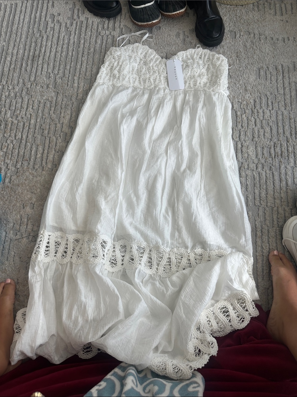 White Lace-Trim Maxi Dress with Smocked Bodice